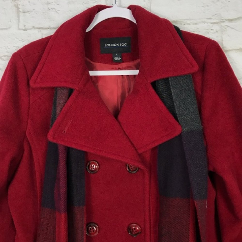 London Fog Wool Double Breasted Red Scarf Peacoat